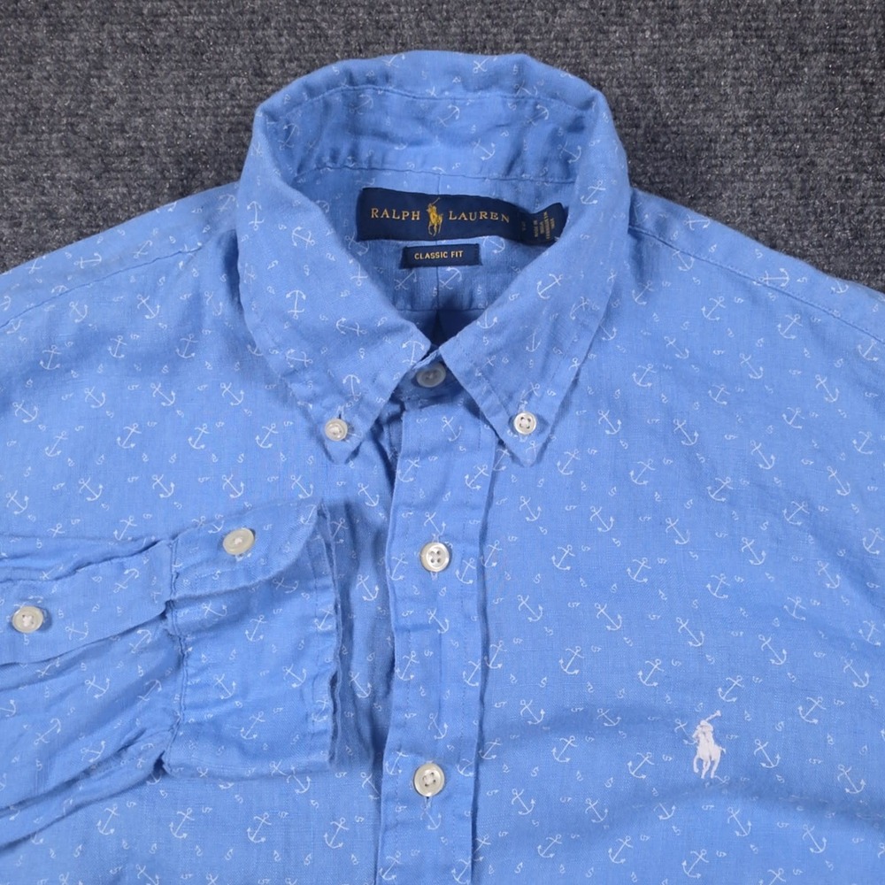 Polo Ralph Lauren Linen Shirt Mens S Blue Anchor AOP Classic Fit Beach Preppy